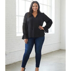 Eloquii Top Womens 16 Black Chiffon Balloon Sleeve Neck Detail Blouse Light/Airy